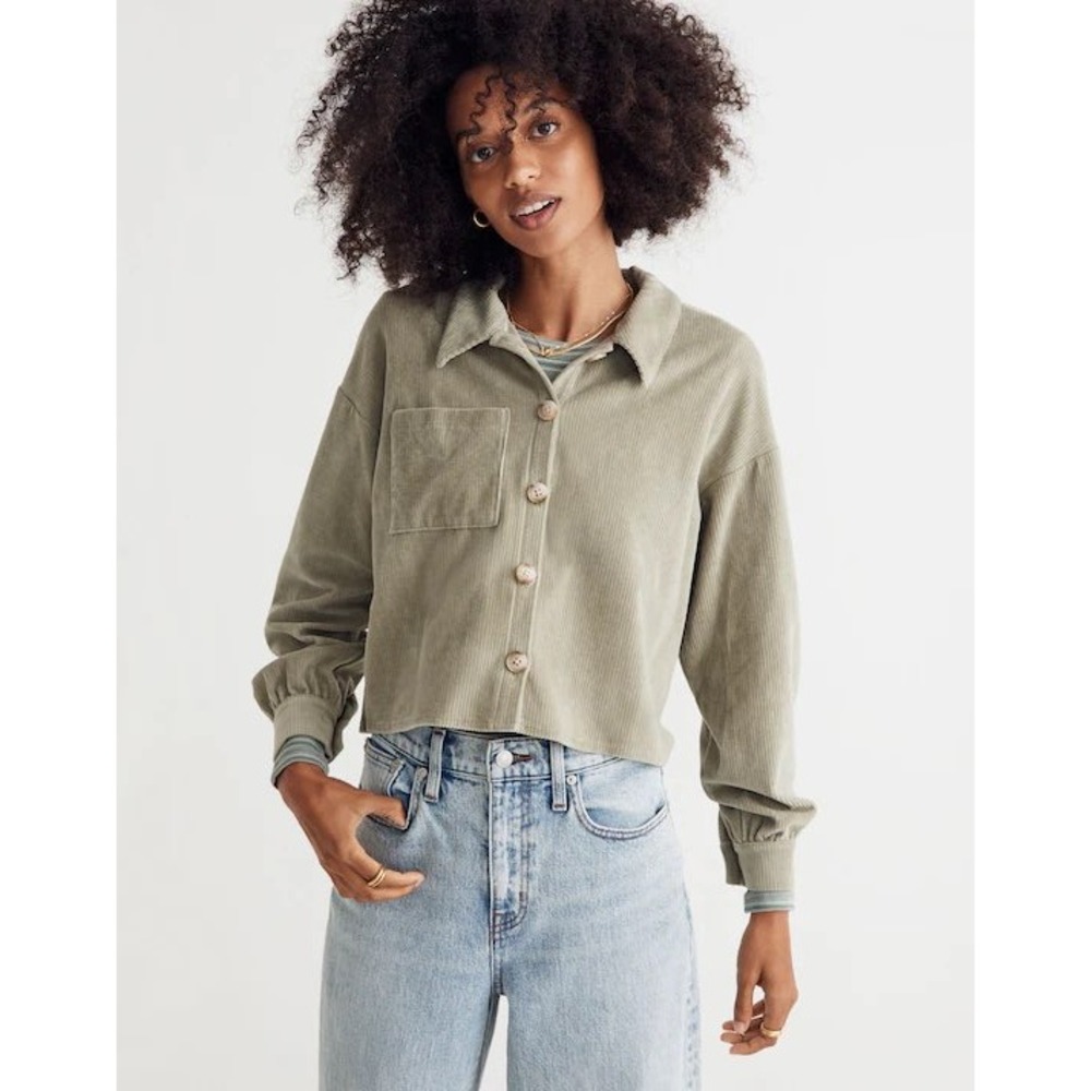 Madewell Sage Green Corduroy Cropped Shirt Jacket XS Oversized Button Front